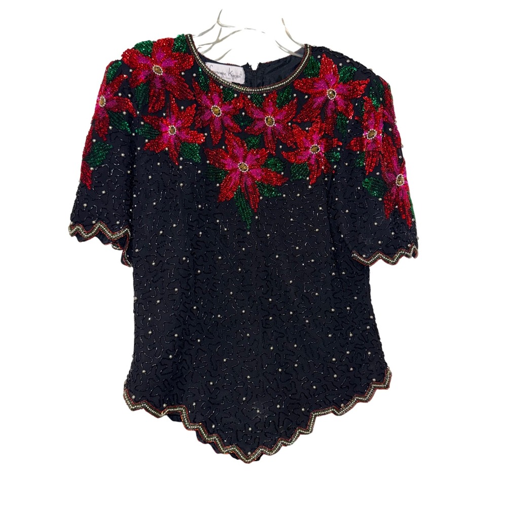 Laurence Kazar 70's Vintage Beaded Poinsettia Top Medium Black Sequin Polyester